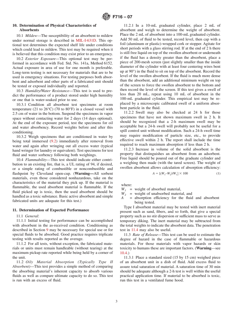 ASTM F716-07 - Standard Test Methods for Sorbent Performance of Absorbents