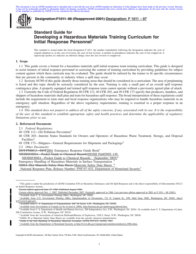 REDLINE ASTM F1011-07 - Standard Guide for Developing a Hazardous Materials Training Curriculum for Initial Response Personnel