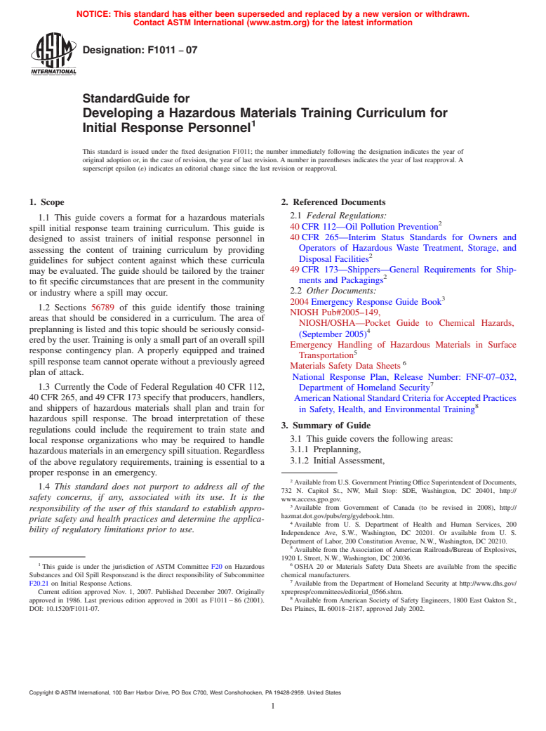 ASTM F1011-07 - Standard Guide for Developing a Hazardous Materials Training Curriculum for Initial Response Personnel