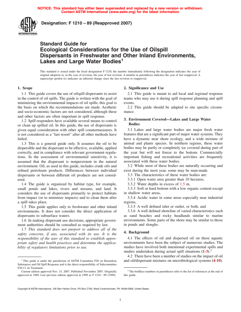 ASTM F1210-89(2007) - Standard Guide for Ecological Considerations for the Use of Oilspill Dispersants in Freshwater and Other Inland Environments, Lakes and Large Water Bodies