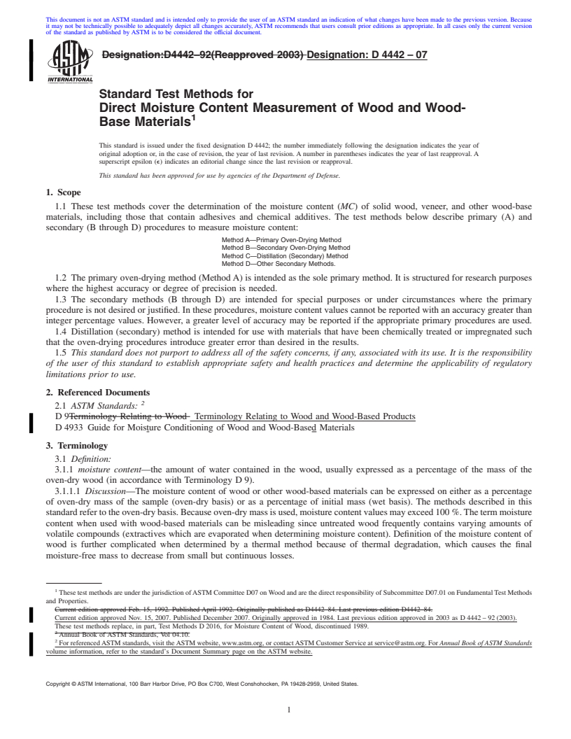 REDLINE ASTM D4442-07 - Standard Test Methods for Direct Moisture Content Measurement of Wood and Wood-Base Materials