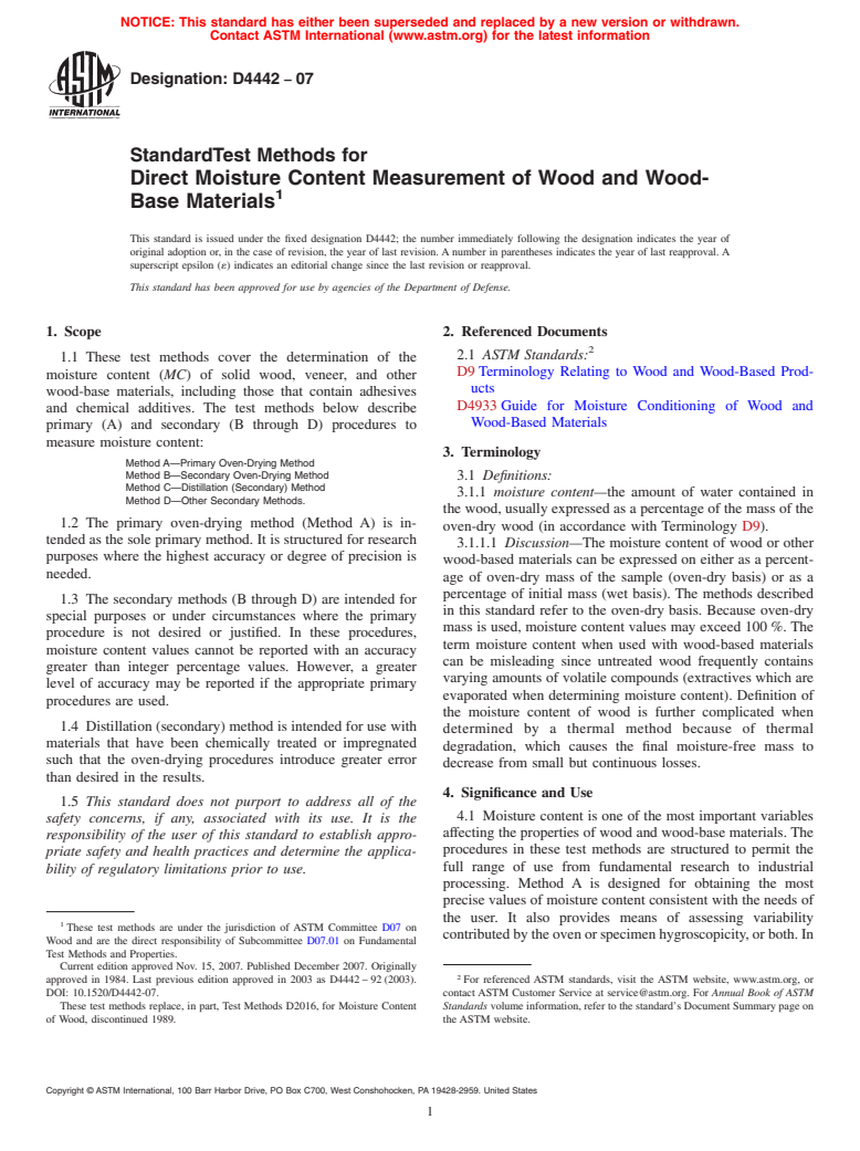 ASTM D4442-07 - Standard Test Methods for Direct Moisture Content Measurement of Wood and Wood-Base Materials