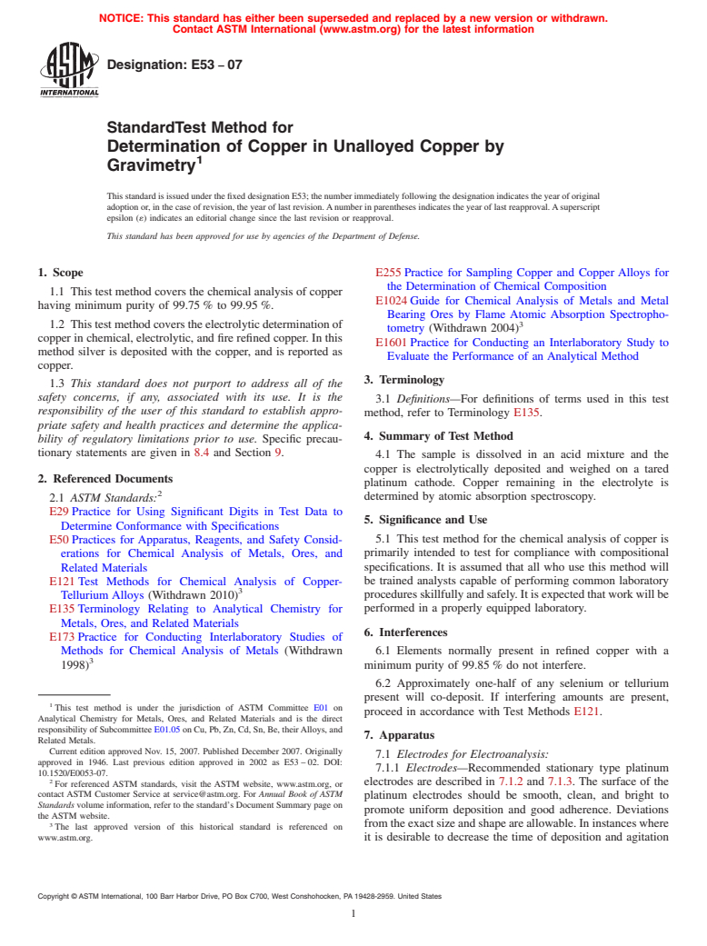 ASTM E53-07 - Standard Test Method for Determination of Copper in Unalloyed Copper by Gravimetry