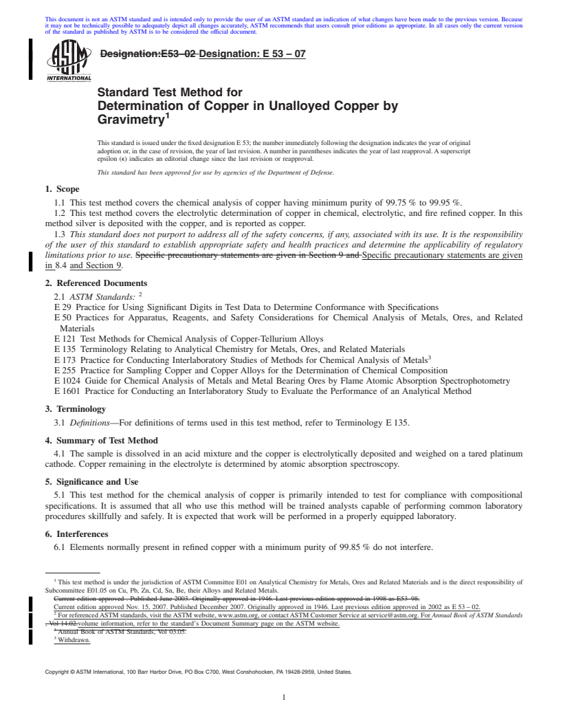 REDLINE ASTM E53-07 - Standard Test Method for Determination of Copper in Unalloyed Copper by Gravimetry