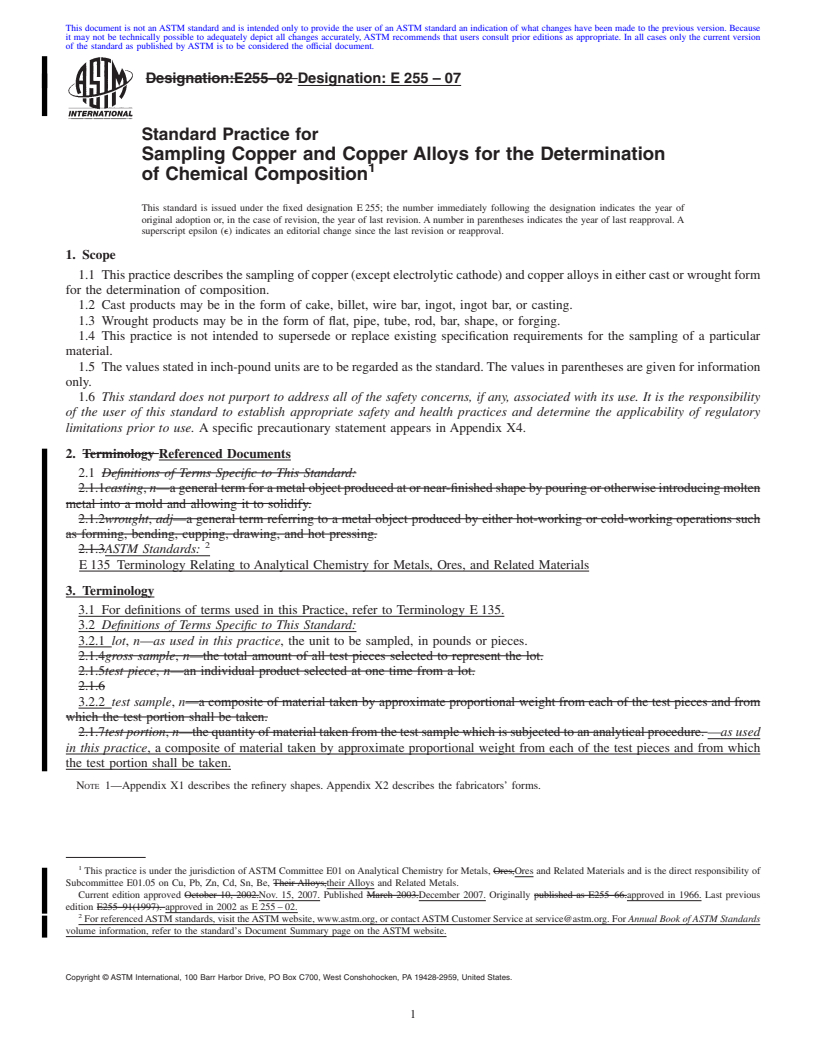 REDLINE ASTM E255-07 - Standard Practice for Sampling Copper and Copper Alloys for the Determination of Chemical Composition