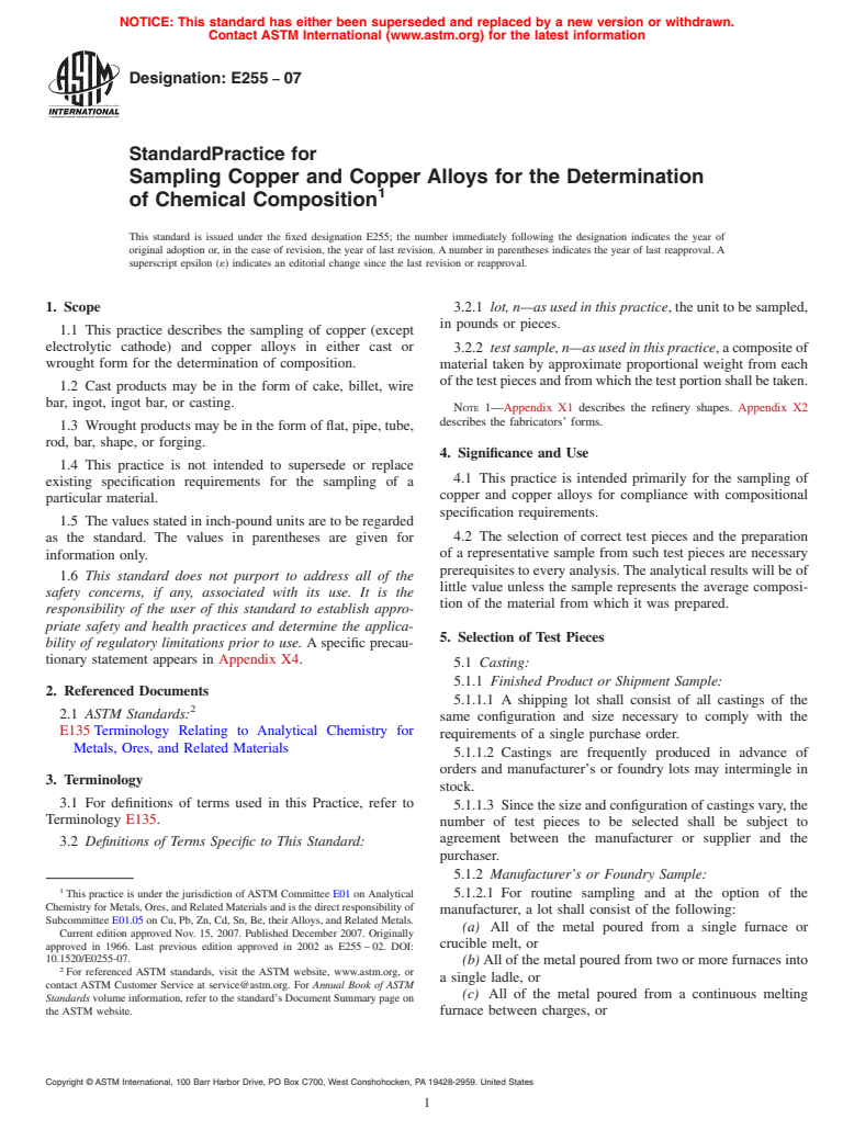 ASTM E255-07 - Standard Practice for Sampling Copper and Copper Alloys for the Determination of Chemical Composition