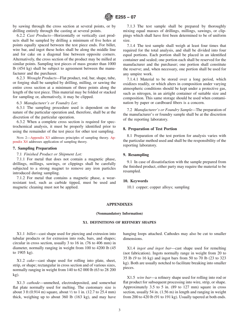 ASTM E255-07 - Standard Practice for Sampling Copper and Copper Alloys for the Determination of Chemical Composition