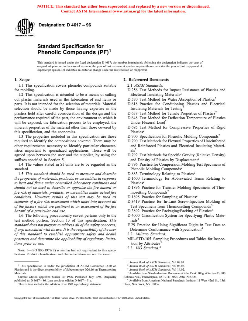 ASTM D4617-96 - Standard Specification for Phenolic Compounds, (PF)
