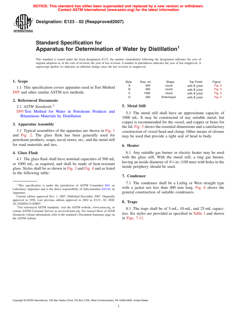 ASTM E123-02(2007) - Standard Specification for Apparatus for Determination of Water by Distillation