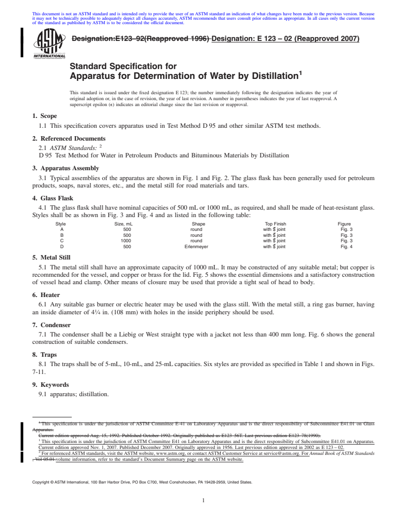 REDLINE ASTM E123-02(2007) - Standard Specification for Apparatus for Determination of Water by Distillation