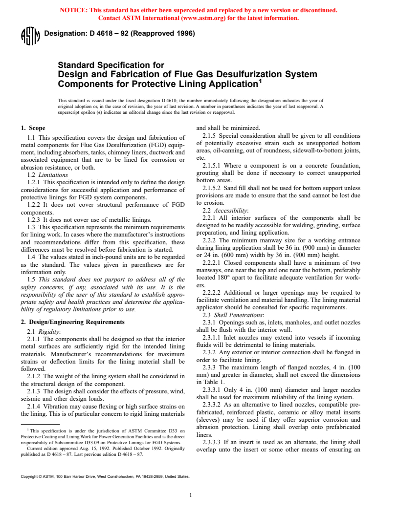 ASTM D4618-92(1996) - Standard Specification for Design and Fabrication of Flue Gas Desulfurization System Components for Protective Lining Application