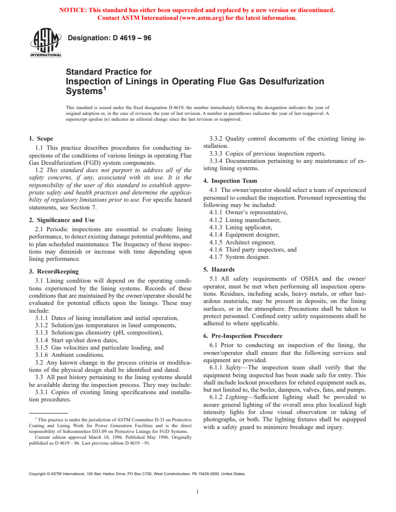 ASTM D4619-96 - Standard Practice for Inspection of Linings in Operating Flue Gas Desulfurization Systems