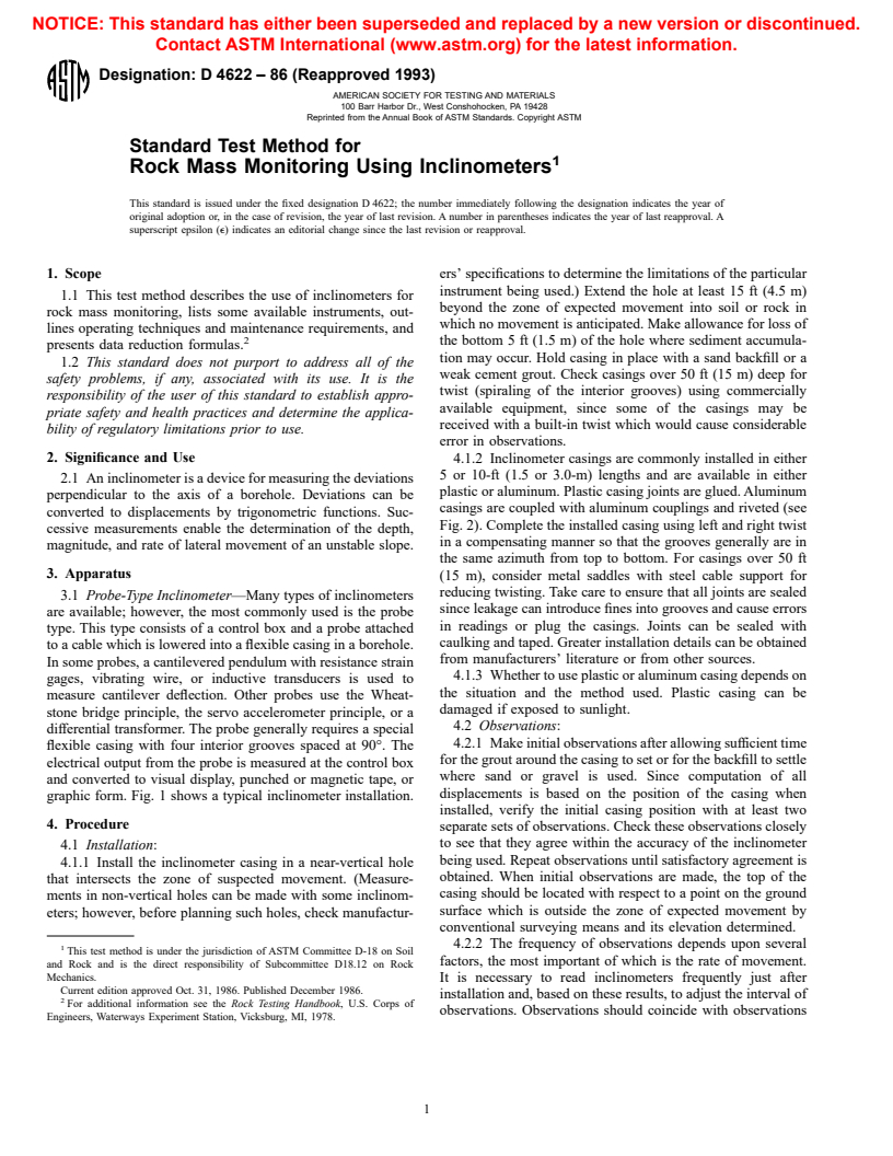 ASTM D4622-86(1993) - Standard Test Method for Rock Mass Monitoring Using Inclinometers (Withdrawn 2000)