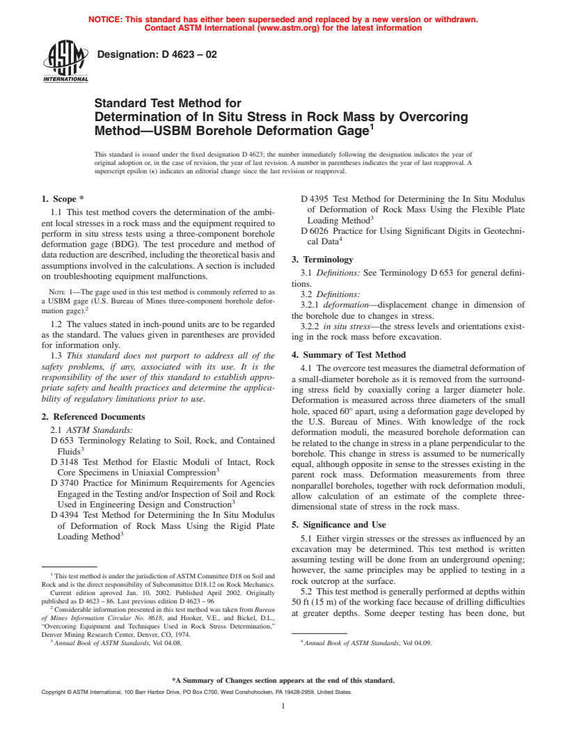 ASTM D4623-02 - Standard Test Method for Determination of In Situ Stress in Rock Mass by Overcoring Method-USBM Borehole Deformation Gage