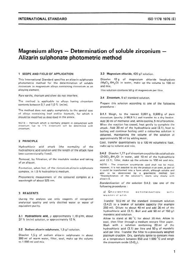ISO 1178:1976 - Magnesium alloys -- Determination of soluble zirconium -- Alizarin sulphonate photometric method