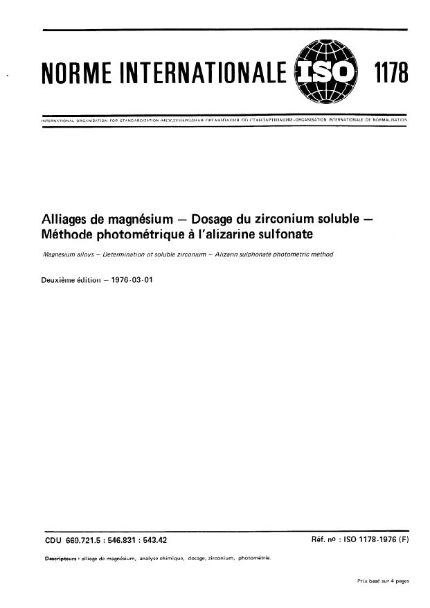 ISO 1178:1976 - Alliages de magnésium -- Dosage du zirconium soluble -- Méthode photométrique a l'alizarine sulfonate