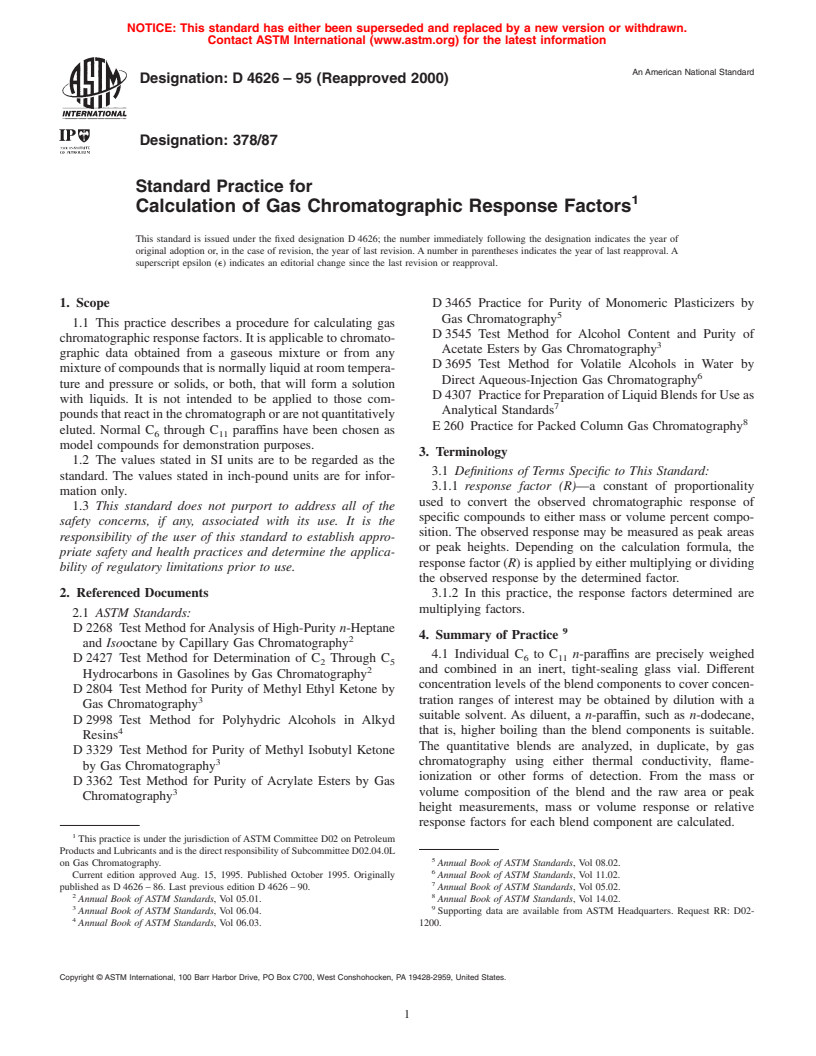 ASTM D4626-95(2000) - Standard Practice for Calculation of Gas Chromatographic Response Factors