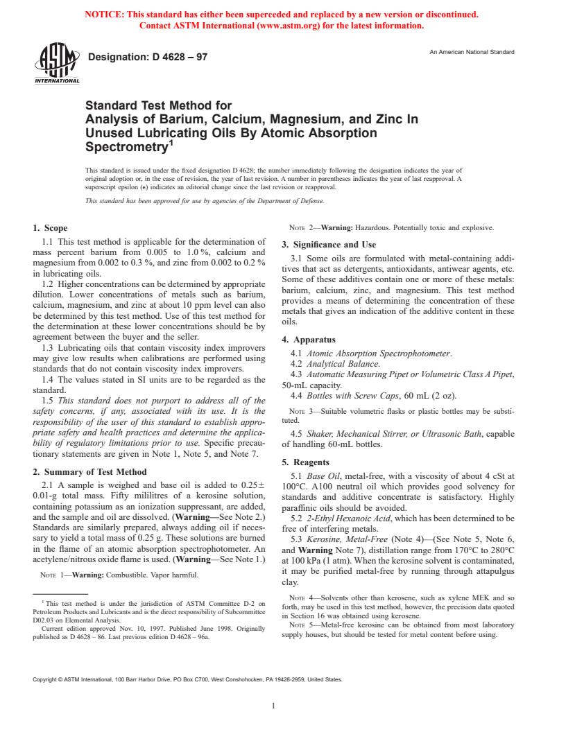 ASTM D4628-97 - Standard Test Method for Analysis of Barium, Calcium, Magnesium, and Zinc In Unused Lubricating Oils By Atomic Absorption Spectrometry