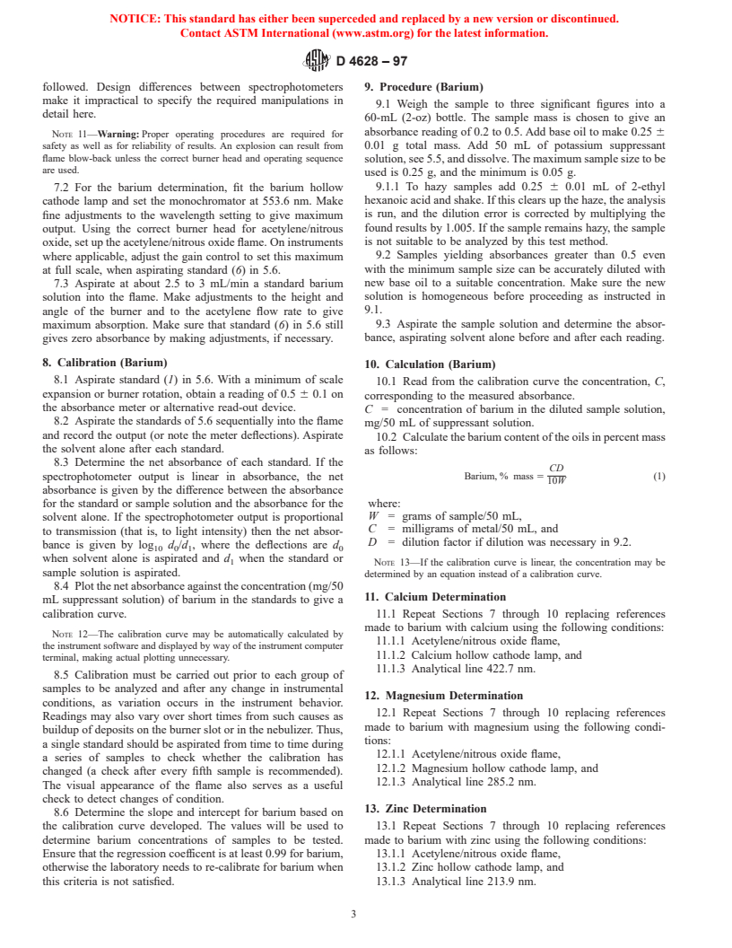 ASTM D4628-97 - Standard Test Method for Analysis of Barium, Calcium, Magnesium, and Zinc In Unused Lubricating Oils By Atomic Absorption Spectrometry