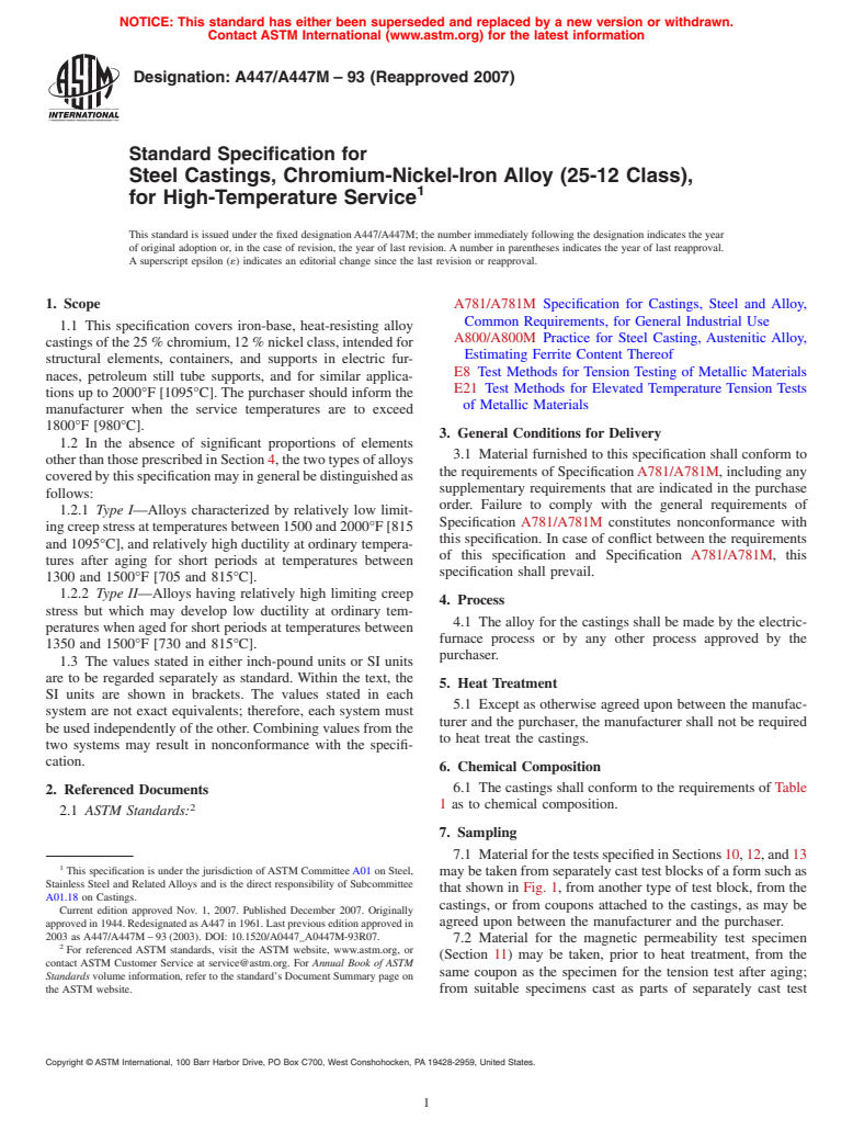 ASTM A447/A447M-93(2007) - Standard Specification for Steel Castings, Chromium-Nickel-Iron Alloy (25-12 Class), for High-Temperature Service