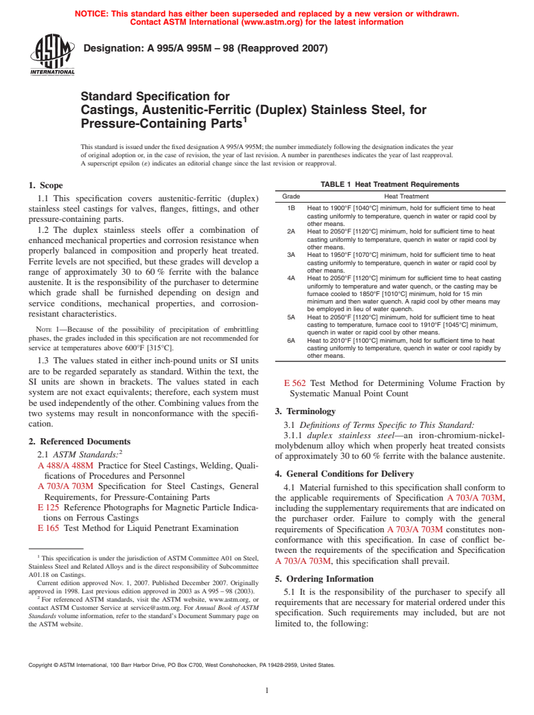 ASTM A995/A995M-98(2007) - Standard Specification for Castings, Austenitic-Ferritic (Duplex) Stainless Steel, for Pressure-Containing Parts