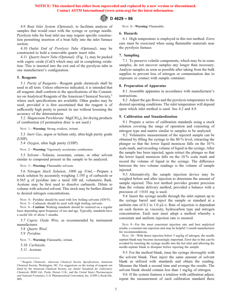 ASTM D4629-96 - Standard Test Method for Trace Nitrogen in Liquid Petroleum Hydrocarbons by Syringe/Inlet Oxidative Combustion and Chemiluminescence Detection