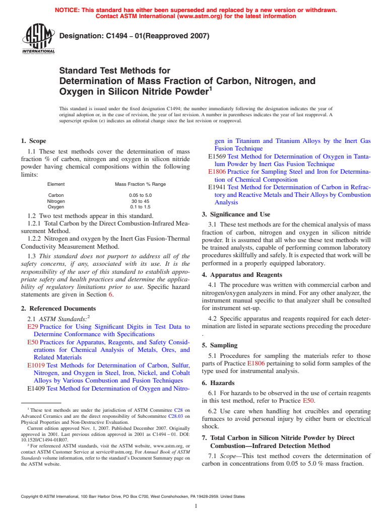 ASTM C1494-01(2007) - Standard Test Methods for Determination of Mass Fraction of Carbon, Nitrogen, and Oxygen in Silicon Nitride Powder