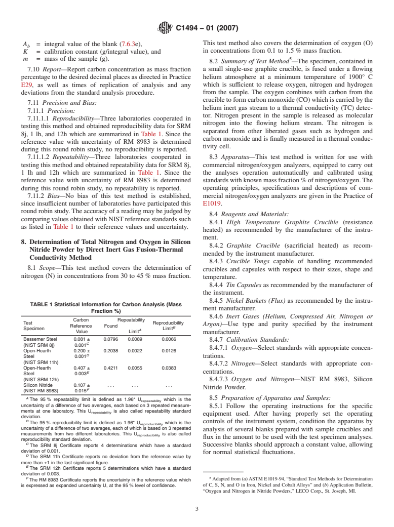 ASTM C1494-01(2007) - Standard Test Methods for Determination of Mass Fraction of Carbon, Nitrogen, and Oxygen in Silicon Nitride Powder