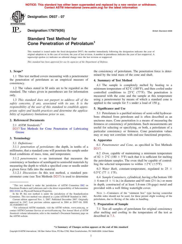 ASTM D937-07 - Standard Test Method for Cone Penetration of Petrolatum