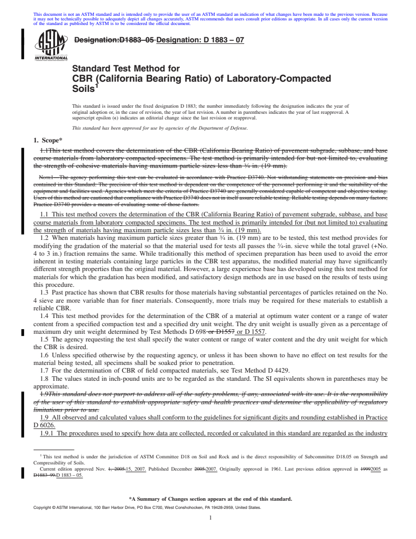 REDLINE ASTM D1883-07 - Standard Test Method for CBR (California Bearing Ratio) of Laboratory-Compacted Soils