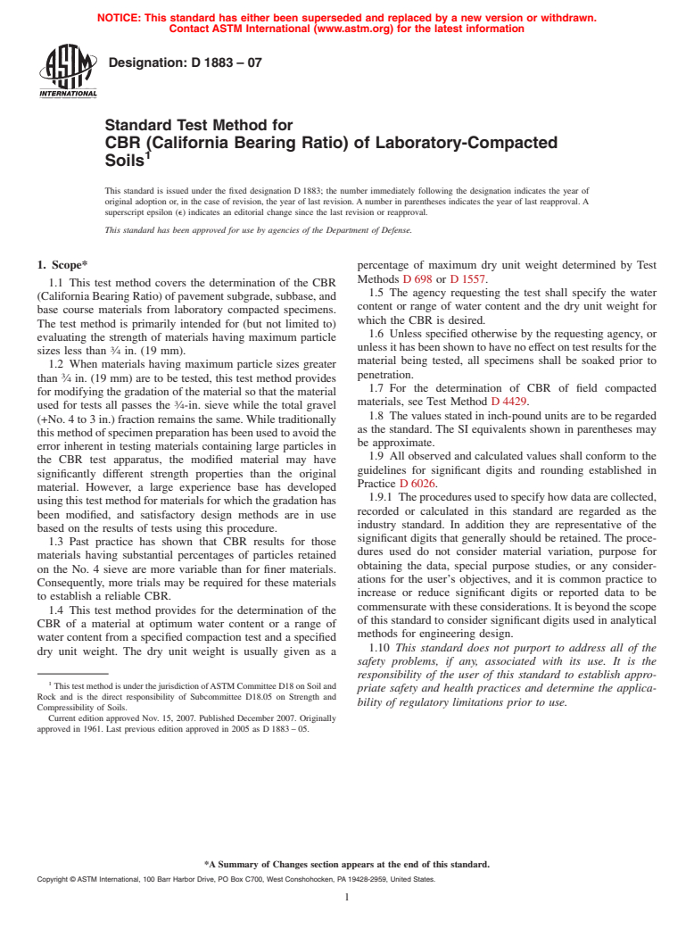 ASTM D1883-07 - Standard Test Method for CBR (California Bearing Ratio) of Laboratory-Compacted Soils