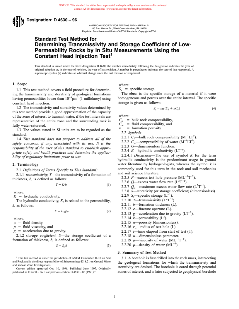 ASTM D4630-96 - Standard Test Method for Determining Transmissivity and Storage Coefficient of Low-Permeability Rocks by In Situ Measurements Using the Constant Head Injection Test