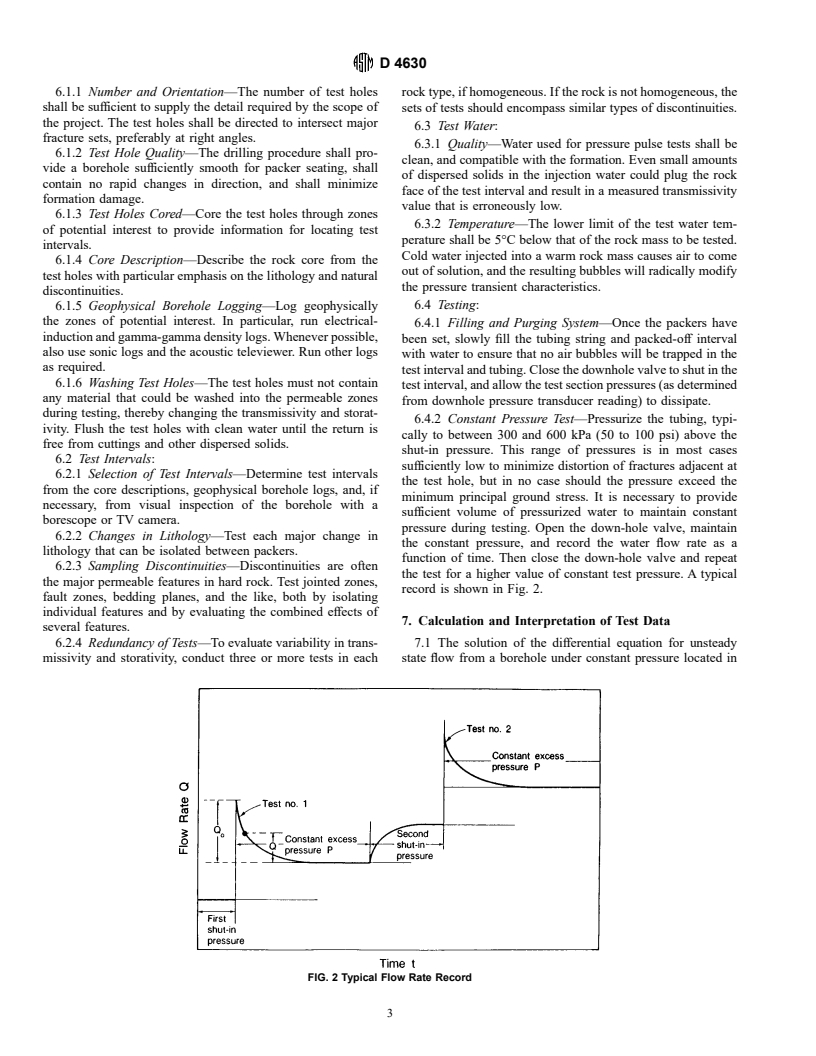 ASTM D4630-96 - Standard Test Method for Determining Transmissivity and Storage Coefficient of Low-Permeability Rocks by In Situ Measurements Using the Constant Head Injection Test