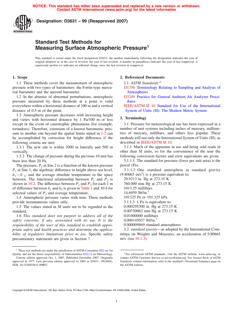 ASTM D3631-99(2007) - Standard Test Methods for Measuring Surface Atmospheric Pressure