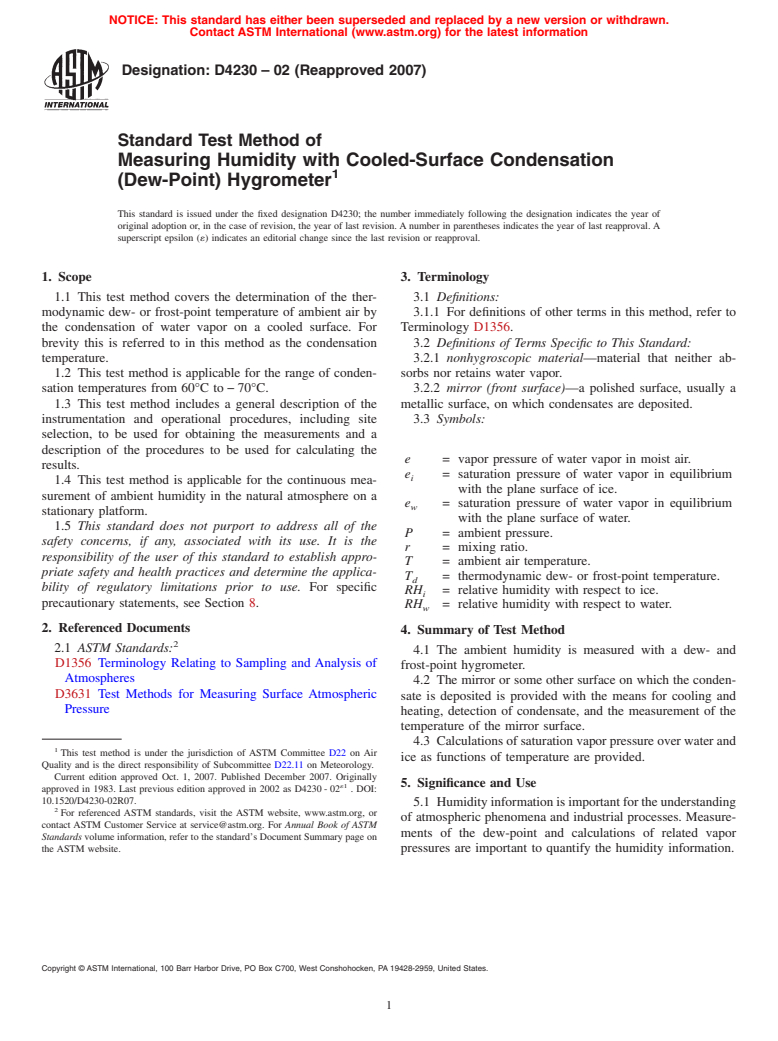 ASTM D4230-02(2007) - Standard Test Method of Measuring Humidity with Cooled-Surface Condensation (Dew-Point) Hygrometer