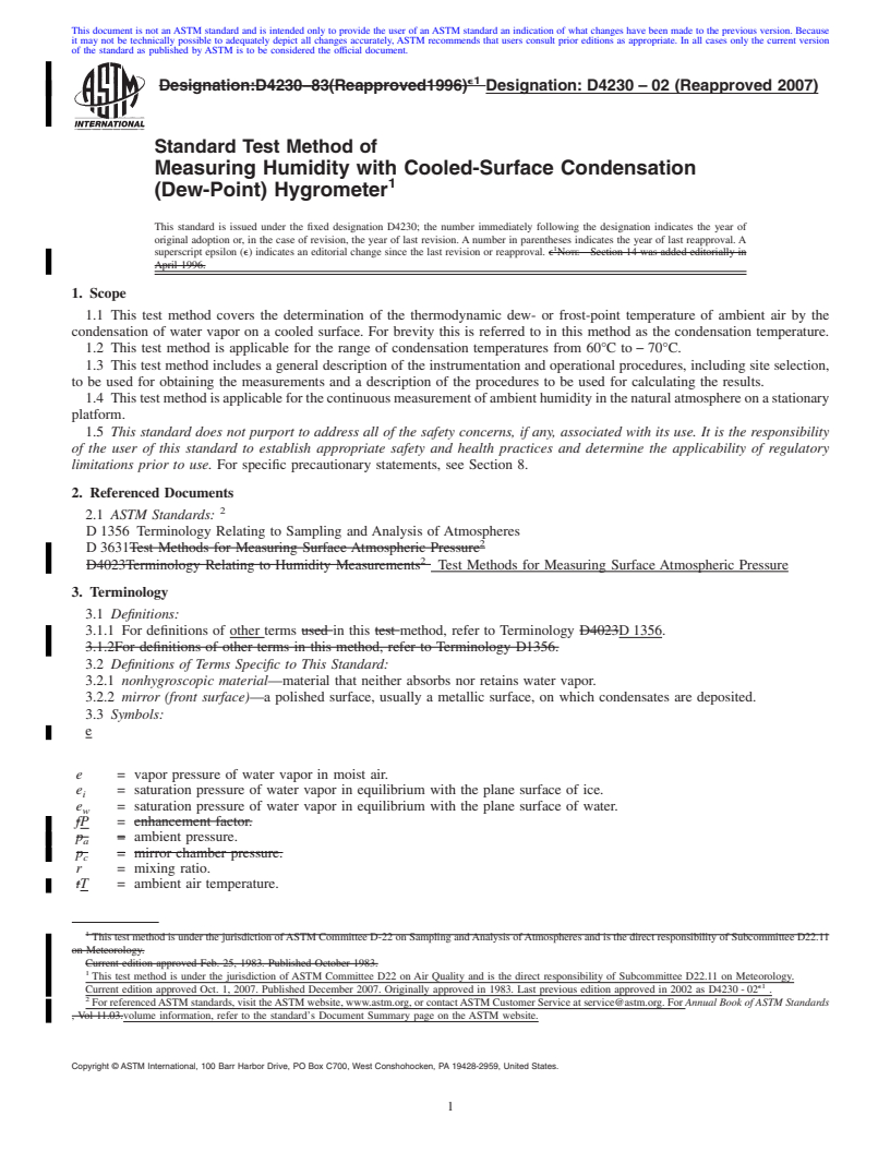 REDLINE ASTM D4230-02(2007) - Standard Test Method of Measuring Humidity with Cooled-Surface Condensation (Dew-Point) Hygrometer