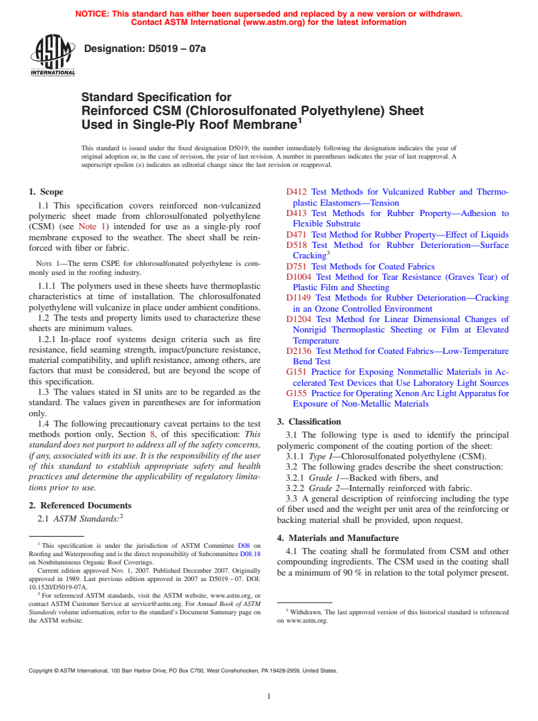 ASTM D5019-07a - Standard Specification for Reinforced CSM (Chlorosulfonated Polyethylene) Sheet Used in Single-Ply Roof Membrane (Withdrawn 2011)