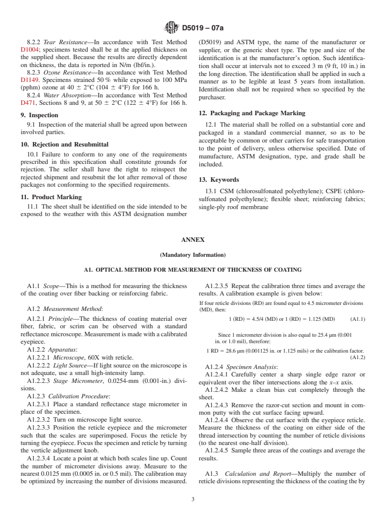 ASTM D5019-07a - Standard Specification for Reinforced CSM (Chlorosulfonated Polyethylene) Sheet Used in Single-Ply Roof Membrane (Withdrawn 2011)