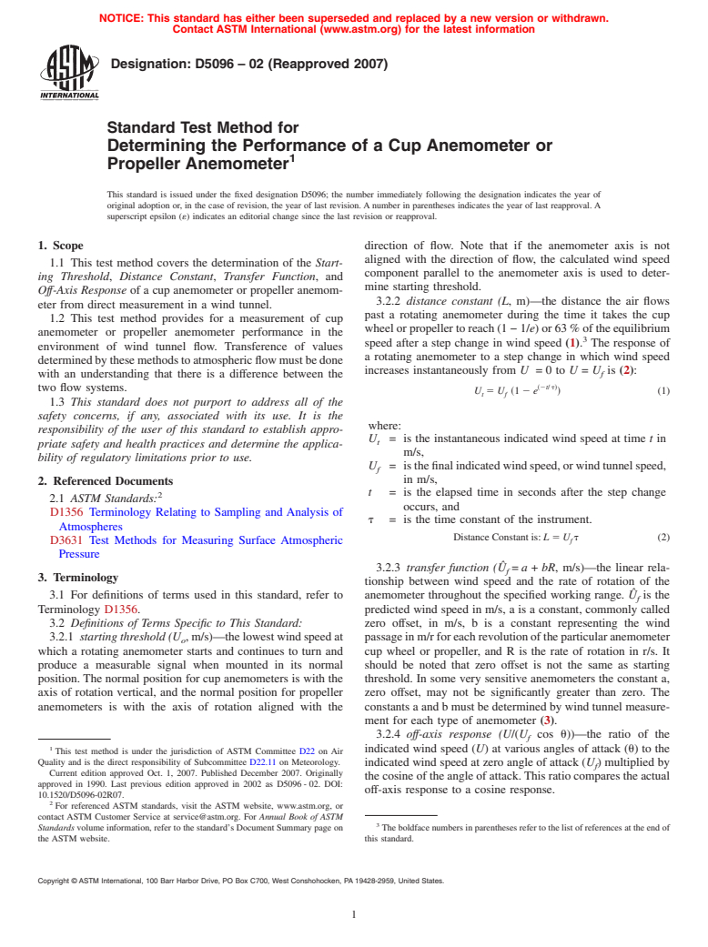 ASTM D5096-02(2007) - Standard Test Method for Determining the Performance of a Cup Anemometer or Propeller Anemometer