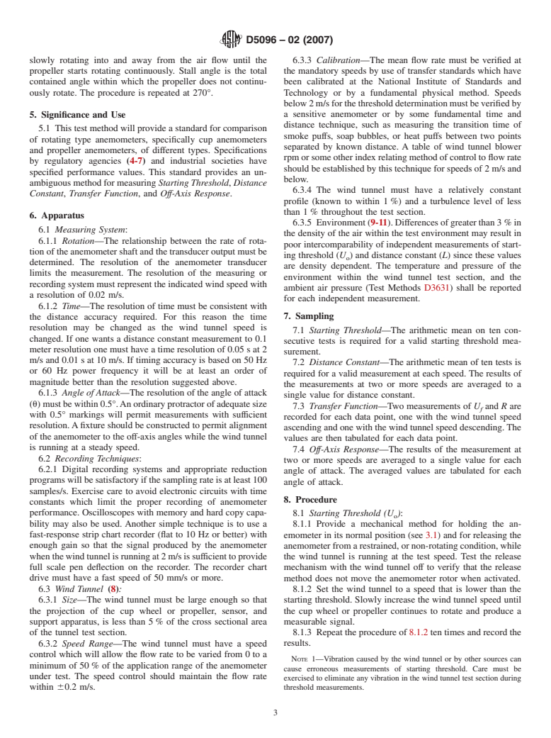 ASTM D5096-02(2007) - Standard Test Method for Determining the Performance of a Cup Anemometer or Propeller Anemometer