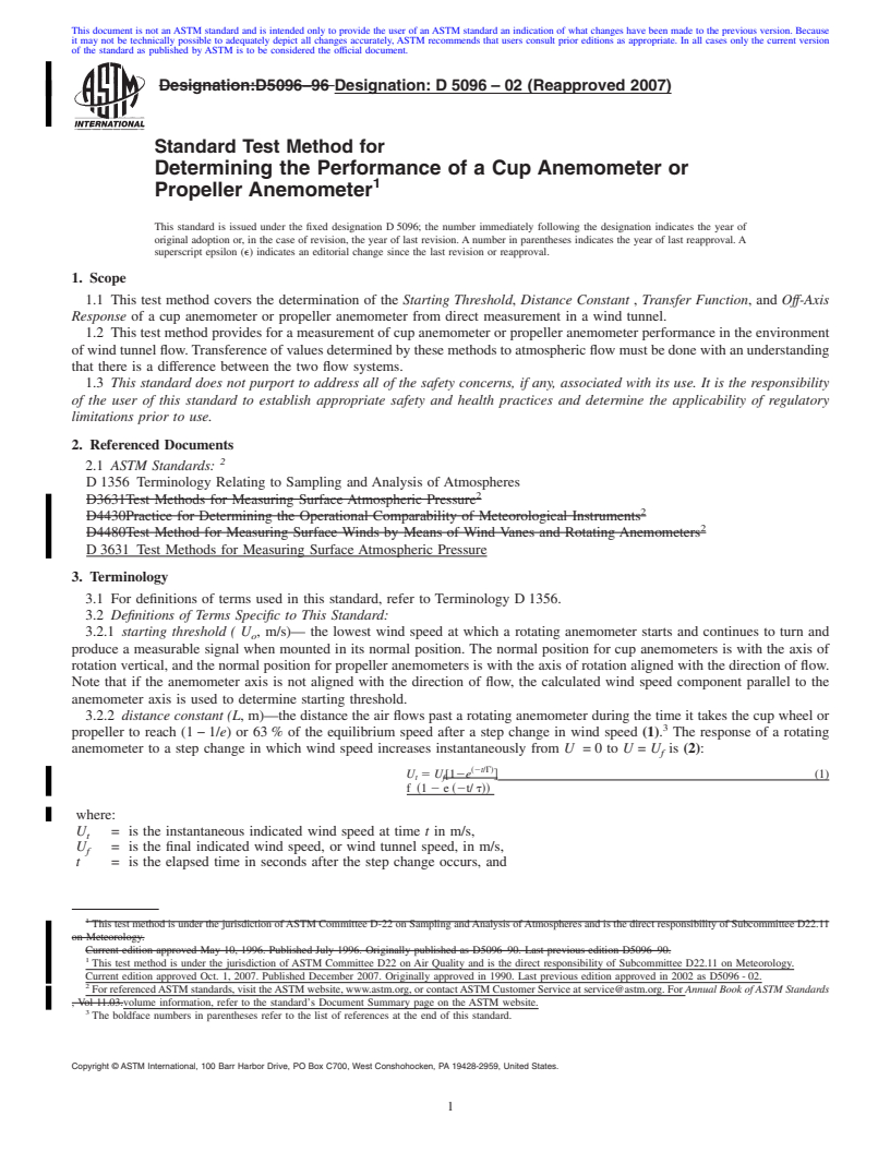 REDLINE ASTM D5096-02(2007) - Standard Test Method for Determining the Performance of a Cup Anemometer or Propeller Anemometer