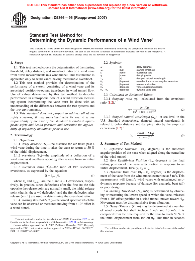 ASTM D5366-96(2007) - Standard Test Method for Determining the Dynamic Performance of a Wind Vane