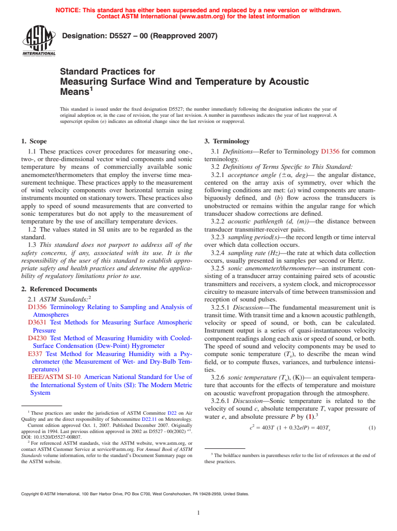 ASTM D5527-00(2007) - Standard Practices for Measuring Surface Wind and Temperature by Acoustic Means