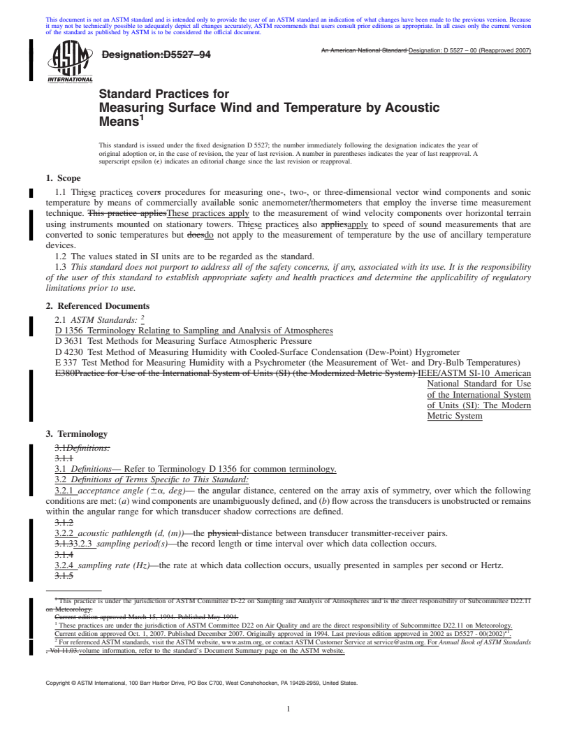 REDLINE ASTM D5527-00(2007) - Standard Practices for Measuring Surface Wind and Temperature by Acoustic Means