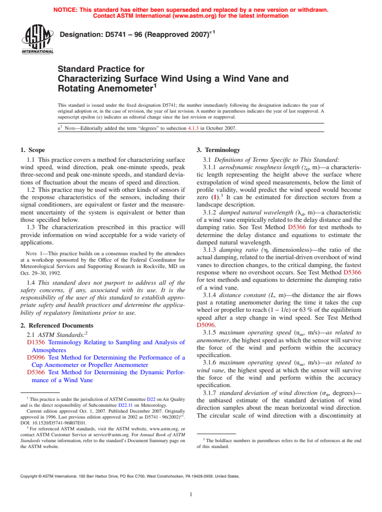 ASTM D5741-96(2007)e1 - Standard Practice for Characterizing Surface Wind Using a Wind Vane and Rotating Anemometer