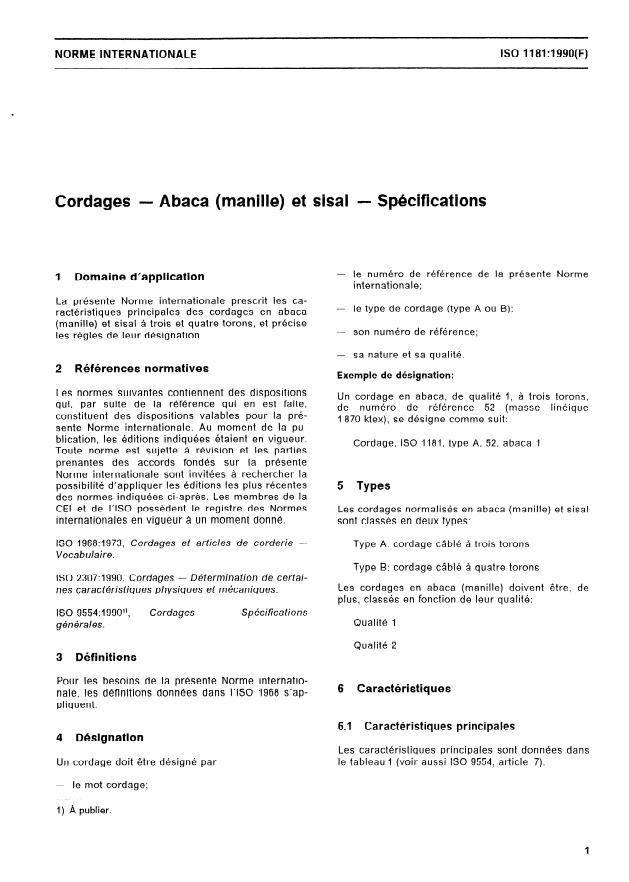 ISO 1181:1990 - Cordages -- Abaca (manille) et sisal -- Spécifications