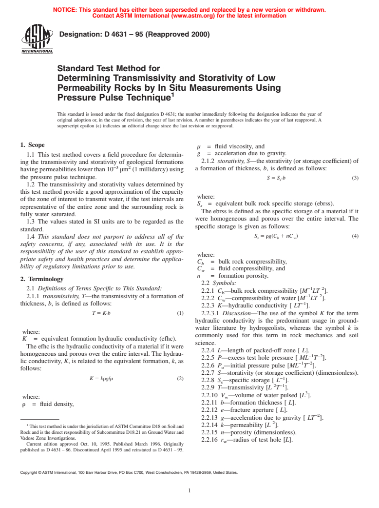 ASTM D4631-95(2000) - Standard Test Method for Determining Transmissivity and Storativity of Low Permeability Rocks by In Situ Measurements Using Pressure Pulse Technique