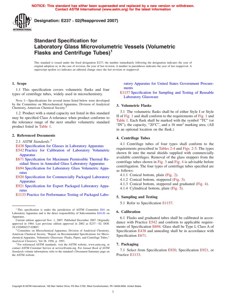 ASTM E237-02(2007) - Standard Specification for Laboratory Glass Microvolumetric Vessels (Volumetric Flasks and Centrifuge Tubes)