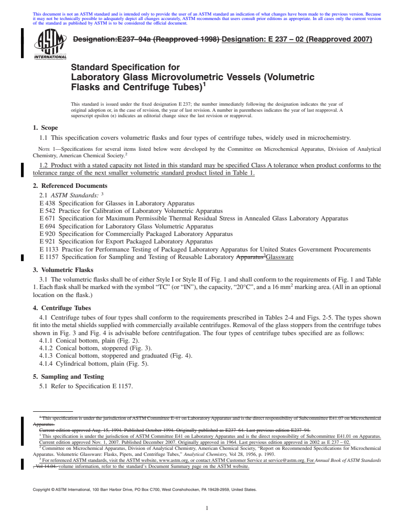 REDLINE ASTM E237-02(2007) - Standard Specification for Laboratory Glass Microvolumetric Vessels (Volumetric Flasks and Centrifuge Tubes)