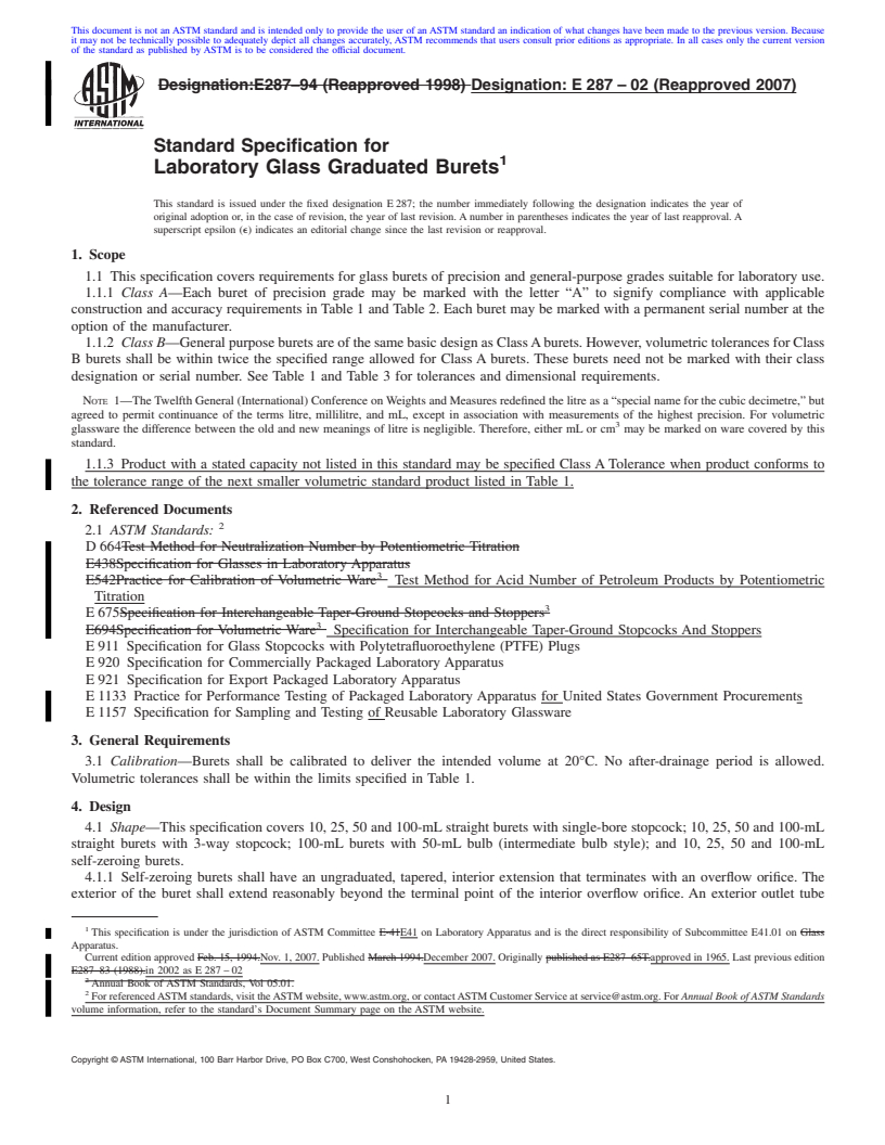 REDLINE ASTM E287-02(2007) - Standard Specification for Laboratory Glass Graduated Burets